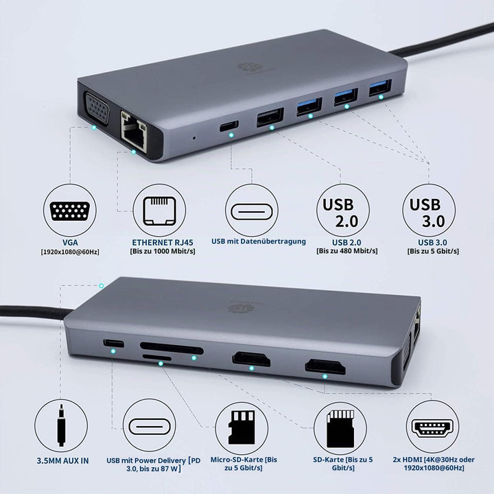 TRANSLON USB C Hub, Kompakte Dockingstation, 13 in 1, Triple Display, PD 100W, 2X HDMI, 1x VGA, 4X U