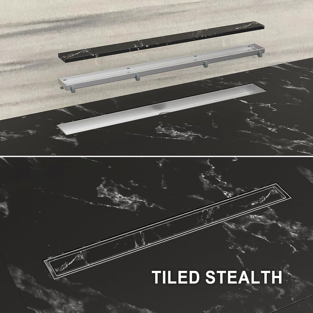 Ibergrif Edelstahl Duschrinne 50 cm Komplettset, Bodenablauf, Siphon mit Geruchsstop, Haarsieb, Befl