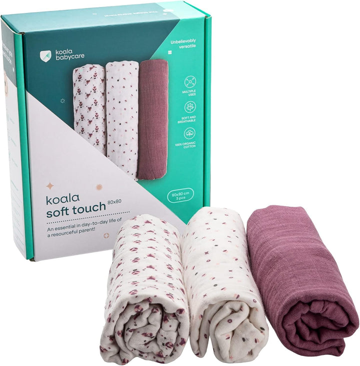 KOALA BABYCARE - Neugeborenes Musselin 80x80 cm - Packung mit 3 Stück - Neugeborenen-Baumwolldecke -