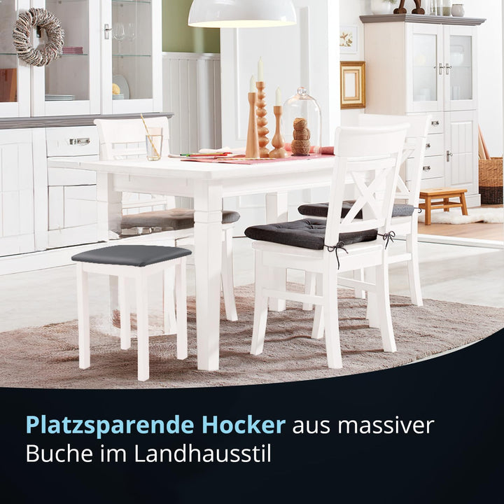 KHG Sitzhocker Holzhocker Weiss lackiert, Kunstleder gepolstert Flur Garderobenhocker Küchenhocker 3