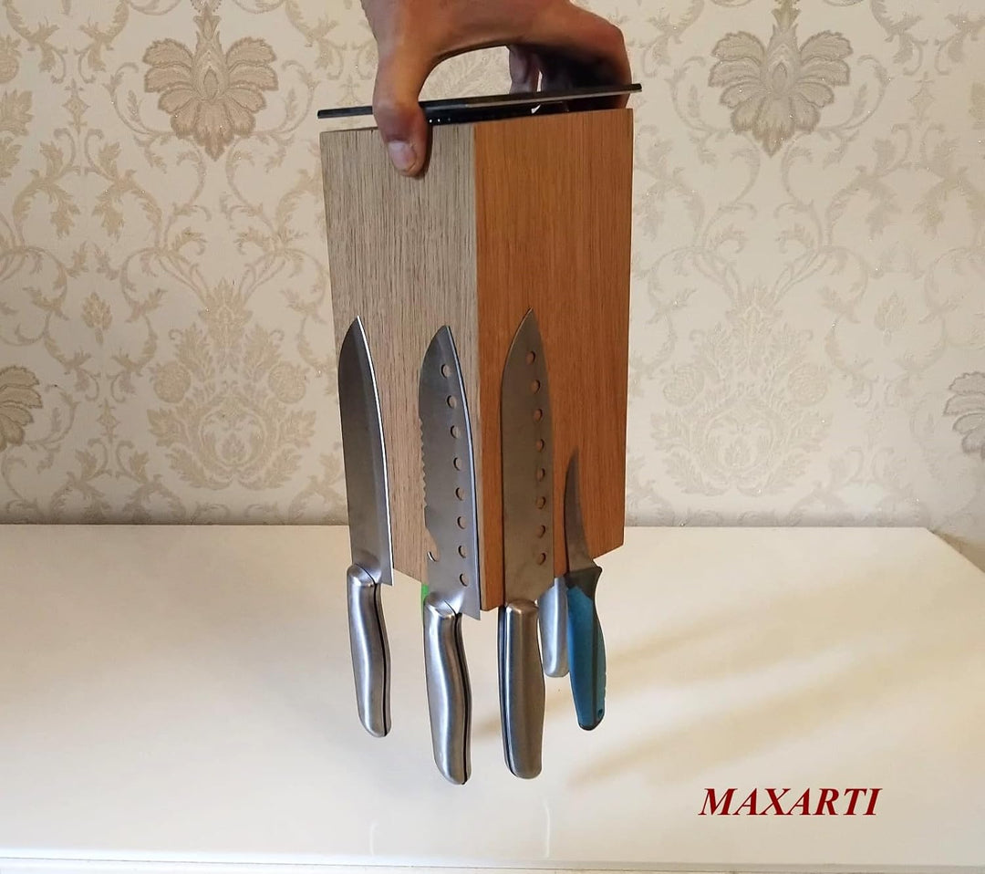 360°Drehbarer Messerblock onhe Messern, magnetisch Eicheh Holz, Messerständer, Messer Halter Küche,