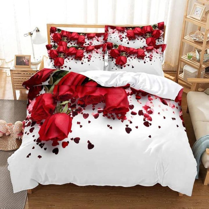 3D Rose Bettbezug Set - Rote Bettwäsche Set für Mädchen - 3 Teilig Mit 2 Kissenbezug (Rot A, 200×200