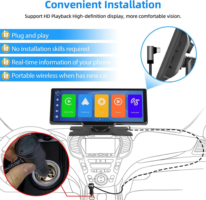 Podofo 10.26 Zoll IPS Tragbares Autoradio mit Kabelloses A-pple Carplay Android Auto Recorder Bildsc