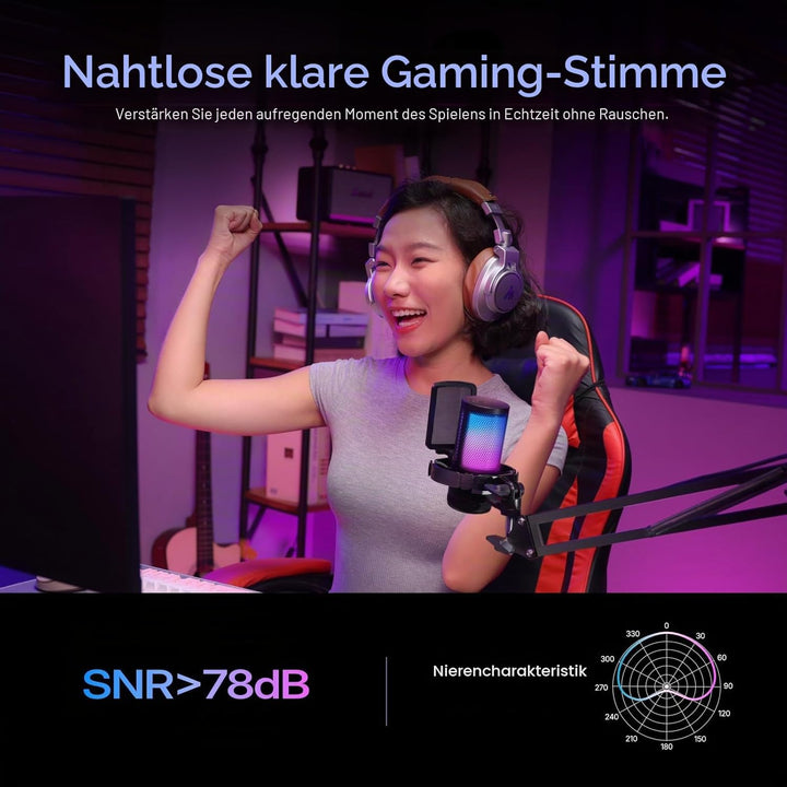 MAONO Gaming USB Mikrofon, Noise Cancellation Kondensator Mic mit Mute, Gain, Monitoring, Galgenarm,
