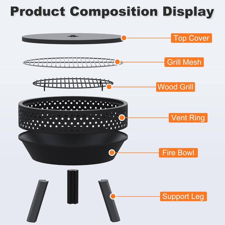 54.6 cm Outdoor Feuerschale mit Grillrost, Multifunktional Feuerschalen für den Garten mit Wasserdic