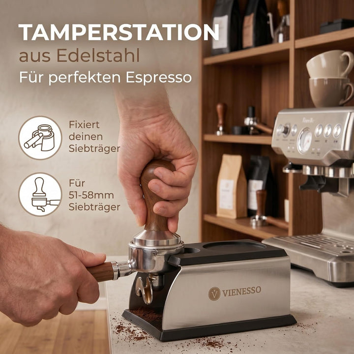 Erstklassige Tamperstation aus Edelstahl und Silikon - die perfekte Tamping-Station für alle Grössen