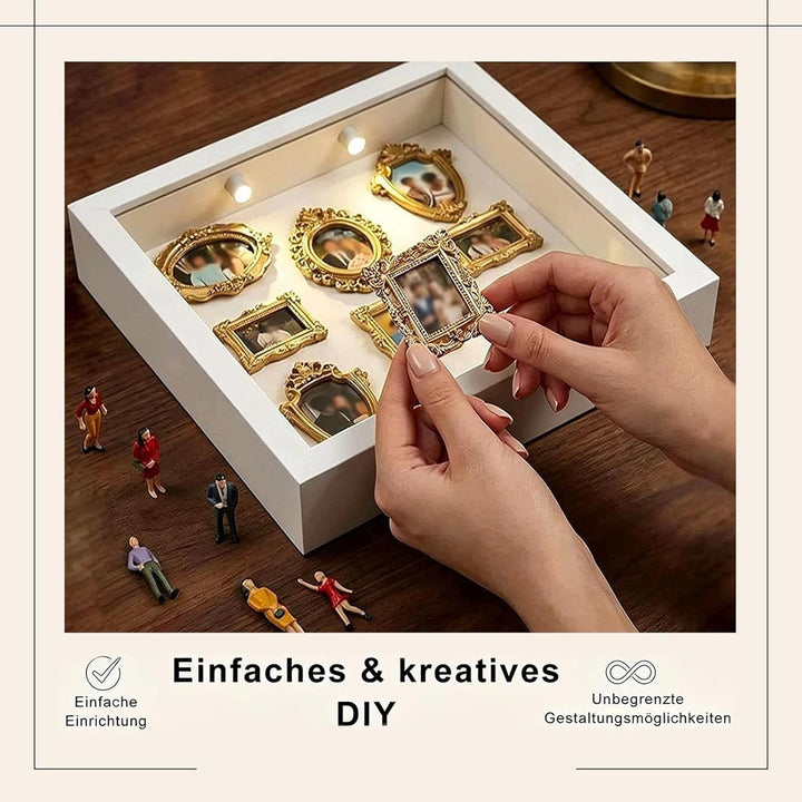 DIY-Mini-Museums-Silhouettenbox Foto-Erinnerungsset:Bilderrahmen mit LED-Licht, 8 Mini-Goldrahmen 8