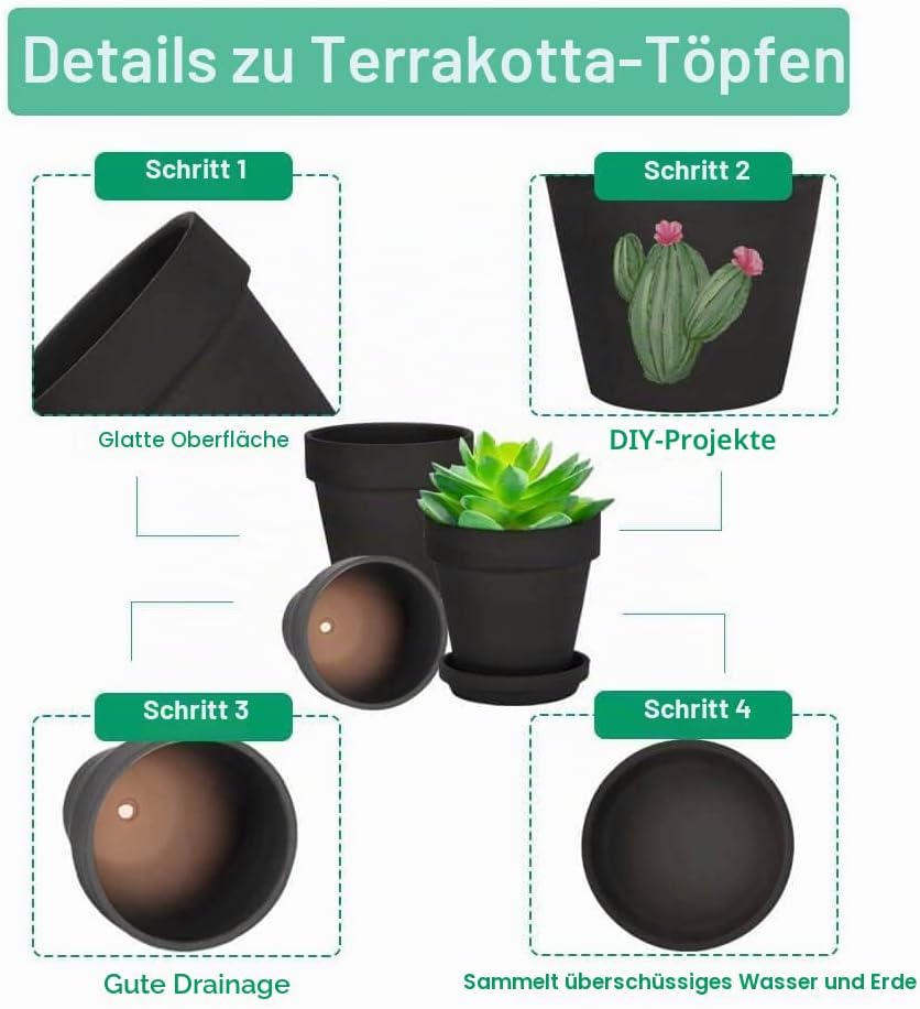 vensovo 10,2cm Schwarzer Tontopf für Pflanzen mit Untertasse - 6er Pack Kleiner Terrakotta-Pflanzent