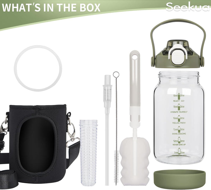 Seekua 1l Trinkflasche Glas Flasche mit Strohhalm & Zeitmarkierung, 1 liter Wasserflasche mit Frücht