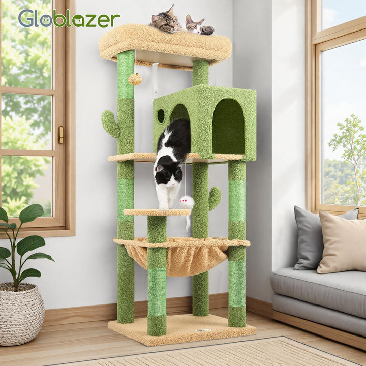 Globlazer Kratzbaum Grün Kaktus mit Extragrosse Hängematte 45 * 40cm, Grosse Katzenhaus, Gepolsterte
