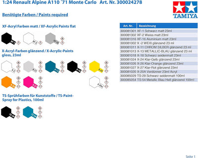 TAMIYA 300024278 Renault 300024278-1:24 Alpine A110 ´71 Monte Carlo,originalgetreue Nachbildung, Pla