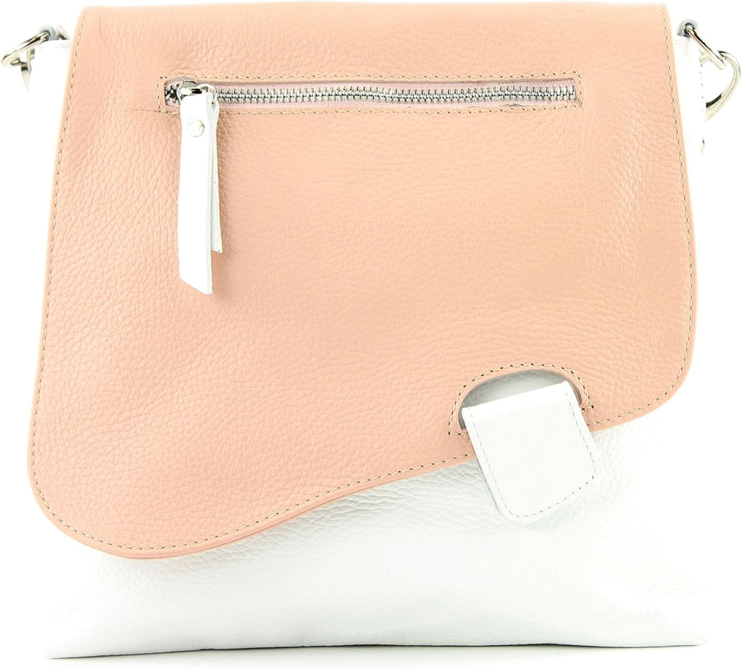 modamoda de - T146 - ital. Umhängetasche Schultertasche aus Leder Weiss/Rosa, Weiss/Rosa