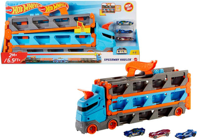 Hot Wheels - 2:1 Autorennbahn zu Transporter, inkl. 3 Spielzeugautos, mit Doppelstarter, Auslösefunk