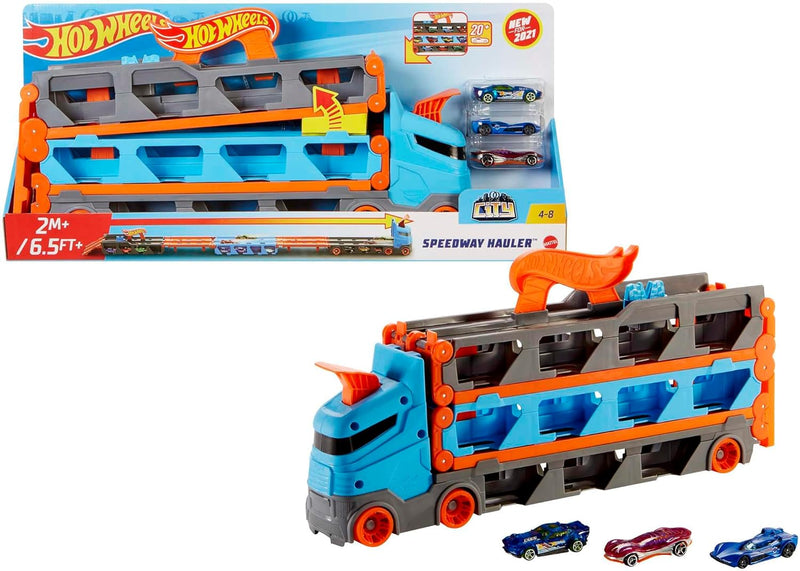 Hot Wheels - 2:1 Autorennbahn zu Transporter, inkl. 3 Spielzeugautos, mit Doppelstarter, Auslösefunk