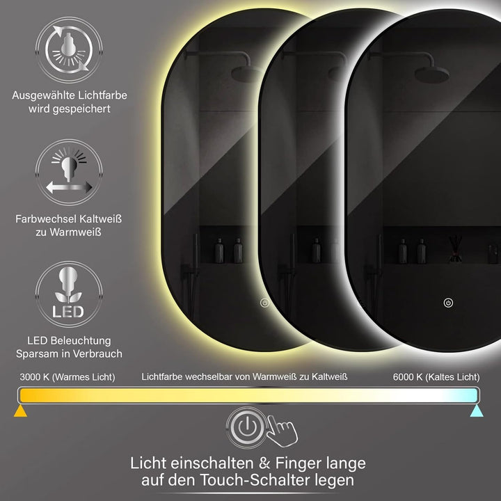 Apjeoy LED Badspiegel Oval 50 x 90 cm Wandspiegel mit matt schwarz Metallrahmen Beleuchtung Badezimm