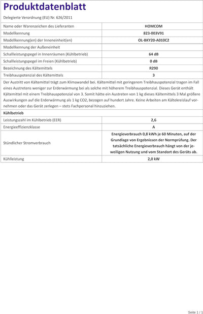 HOMCOM Mobile Klimaanlage, 7000BTU 3-in-1 Klimagerät - Kühlen, Entfeuchtung und Ventilation – Luften