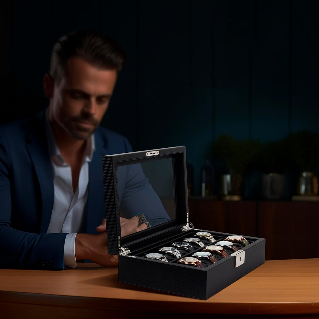 KILHS Uhrenbox mit 10 Fächern, Uhrenkasten mit grossem Glasdeckel, herausnehmbares Uhrenkissen, absc