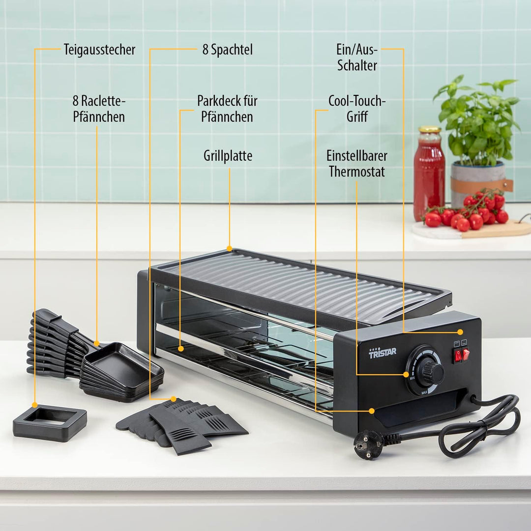 Tristar RA-2736 Multifunktionales Raclette- und Pizzagerät Einstellbarer Thermostat mit doppeltem He