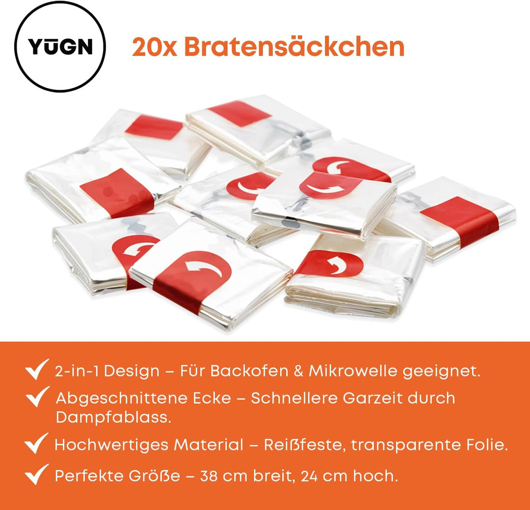 20-stückige Bratbeutel für Ofen &amp; Mikrowelle - 38x24 cm - Hitzebeständig, reissfest, für saftiges Fl