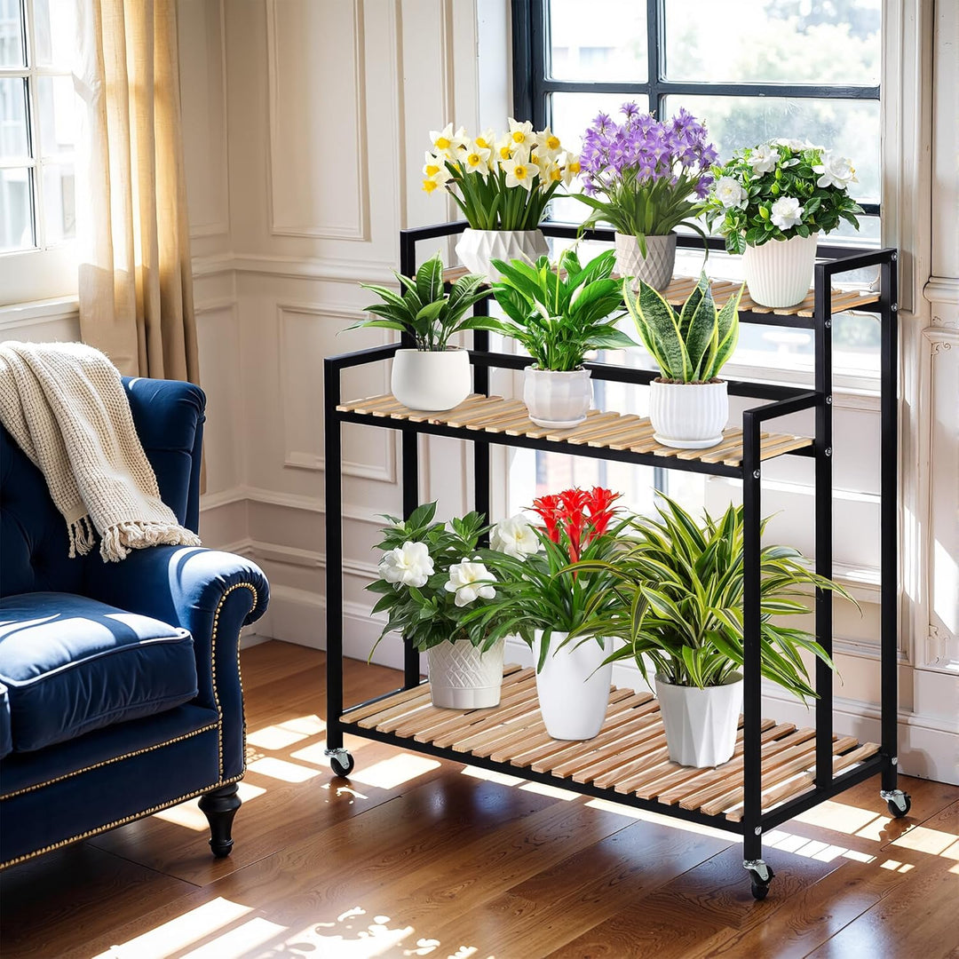 3-Tier Metallisches Pflanzenregal Klappregal mit Rollen – platzsparendes Etagen-Design für Innen & A
