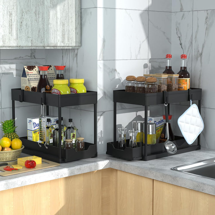 DEKAVA Küchen Organizer, 2 Unter Waschbecken Regal, Schrank Küchenorganizer mit 4 Haken, Schrankkorb