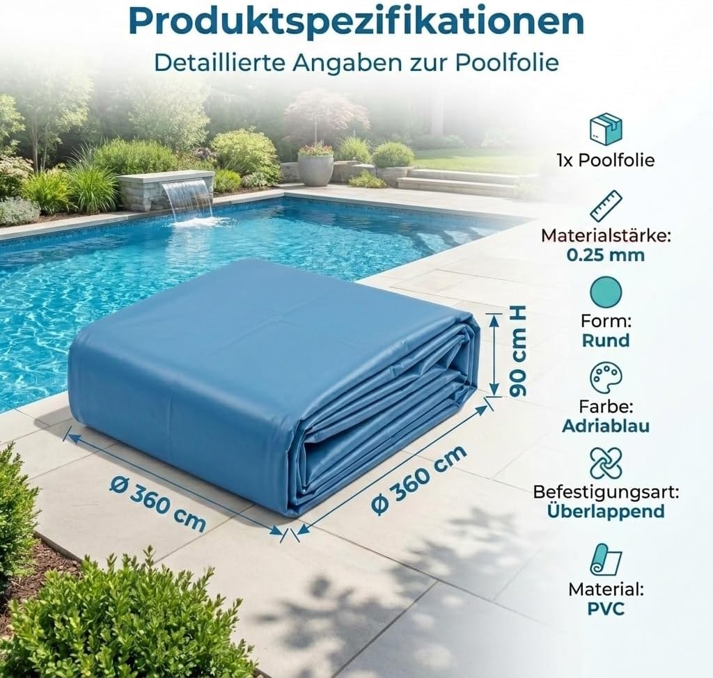 Poolfolie 360x90 cm, rund 0,25 mm, blau, überlappend für Stahlwandpool, UV-beständige, passgenaue Po