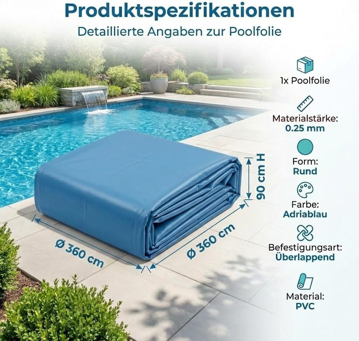 Poolfolie 360x90 cm, rund 0,25 mm, blau, überlappend für Stahlwandpool, UV-beständige, passgenaue Po