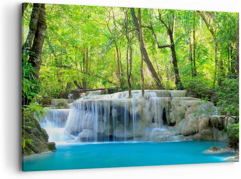 ARTTOR Bilder auf Leinwand 100x70cm Leinwandbild Wasserfall Wald Umwelt Gross Wanddeko Bild Schlafzi