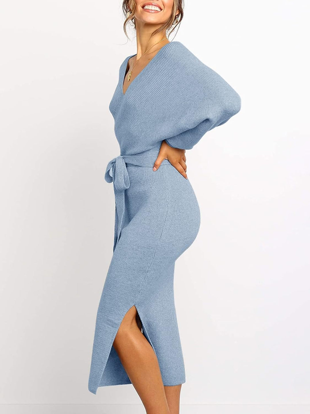 Saodimallsu Damen V-Ausschnitt Pulloverkleid Strickkleid Langarm Pullover Schlitz Offener Rücken Fig