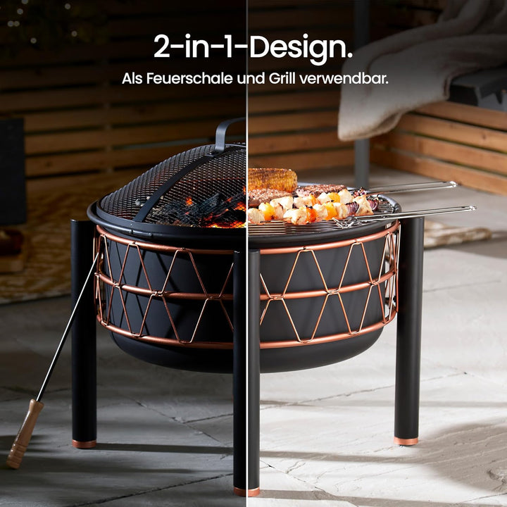 VonHaus Feuerstelle – 2-in-1 Feuerschale mit BBQ-Grill für Garten, Terrasse und Outdoor, aus schwarz