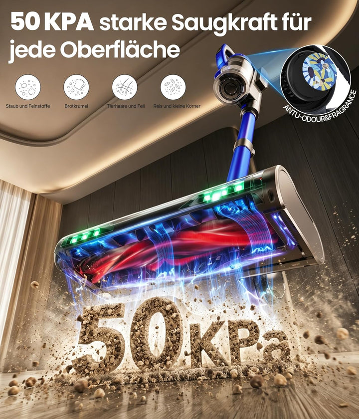 Zoomcat Akku-Staubsauger 600 W, 50 kPa, 70 Min kabellos blau | Tierpflegebürste, 1,4m Schlauch, Wand