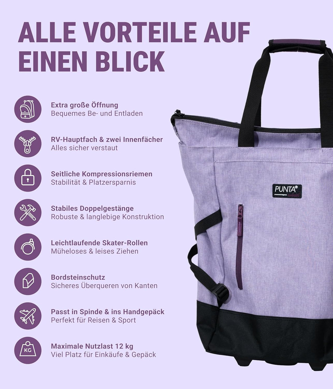 Punta® Einkaufstrolley 33L Flieder | Einkaufstrolley modern mit Skater-Rollen – leise & leichtgängig