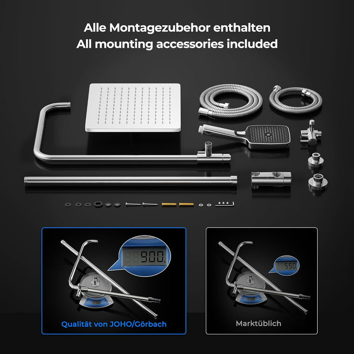 JOHO Edelstahl Duschsystem ohne Armatur, Regendusche Duschset Wassersparend mit Kopfbrause 25x25 cm