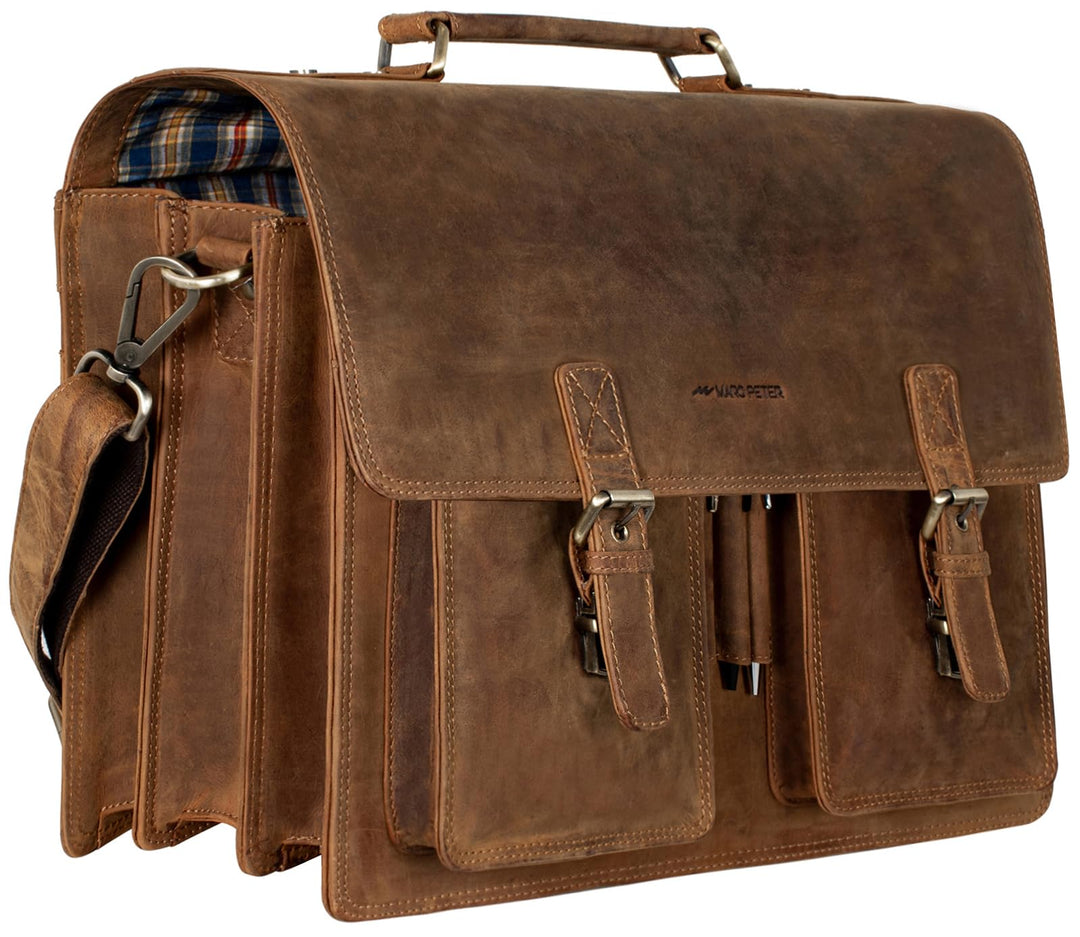 Marc Peter Amsterdam Aktentasche Leder XL Lehrertasche mit Laptopfach 15,6 Zoll grosse Ledertasche z