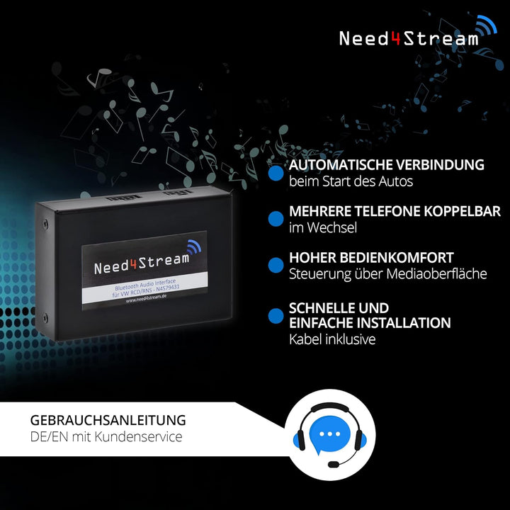 Need4Stream N4S79431 Bluetooth Adapter Auto kompatibel mit VW, Skoda und Seat, Audio Adapter mit Tit