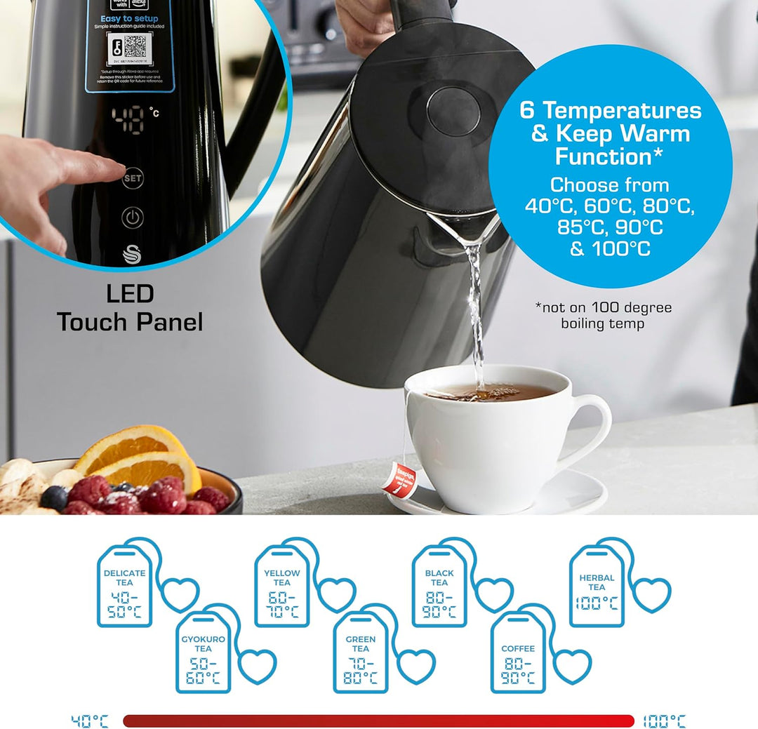 Swan Alexa Elektrisch Wasserkocher WIFI Smart Kettle 1,5L, Kabellos, LED-Touchscreen, Warmhaltefunkt