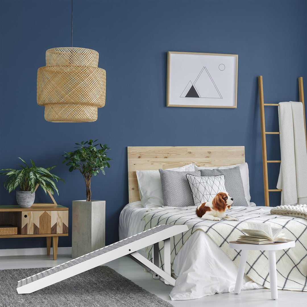Relaxdays Hunderampe, höhenverstellbar 38–43 cm, klappbar, rutschfest, Holz, 35 kg, Hundetreppe Bett