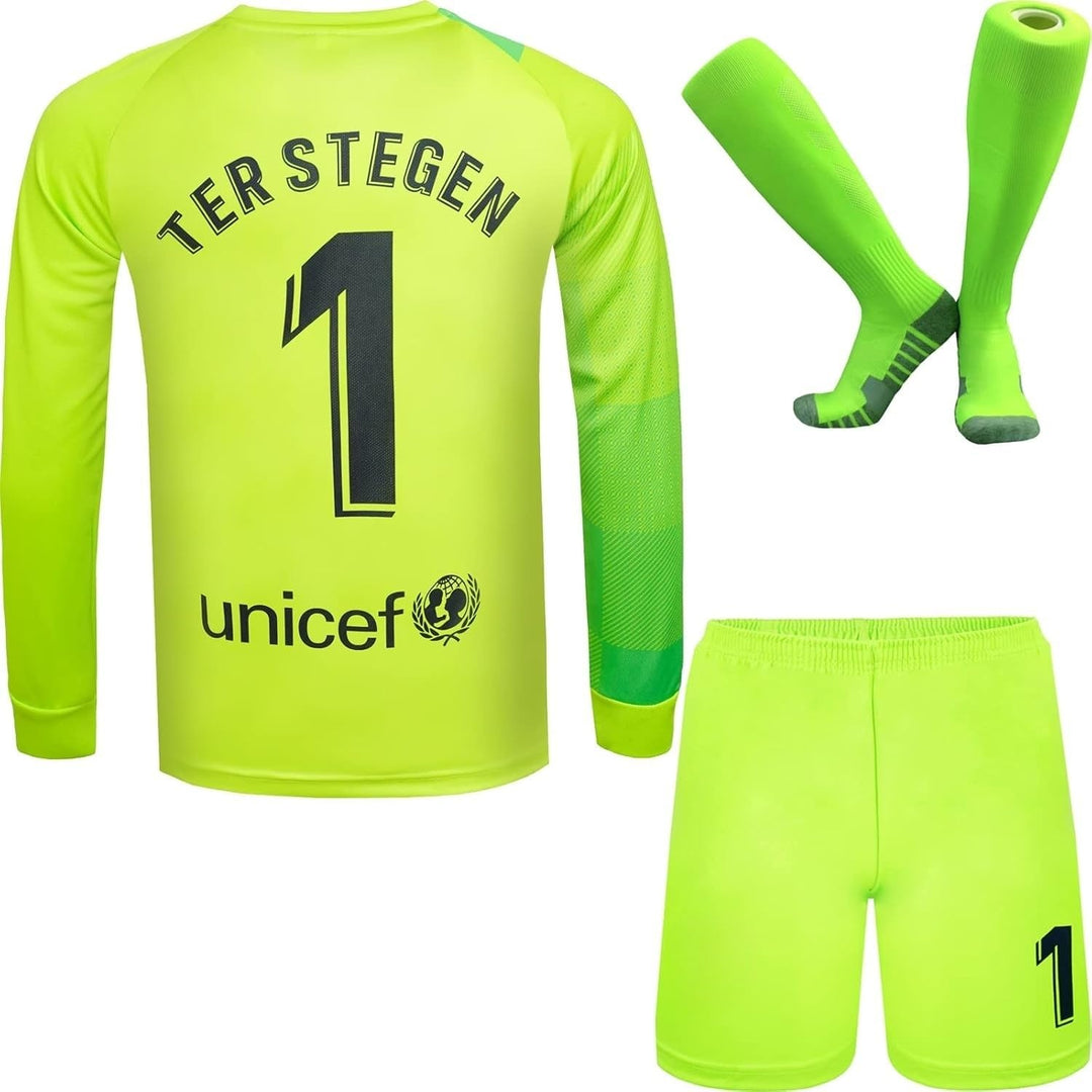 TER Stegen Kinder Torwart Trikot Fussball #1, Neu Saison, Shorts Socken Torwarttrikot Grün (Langarm)