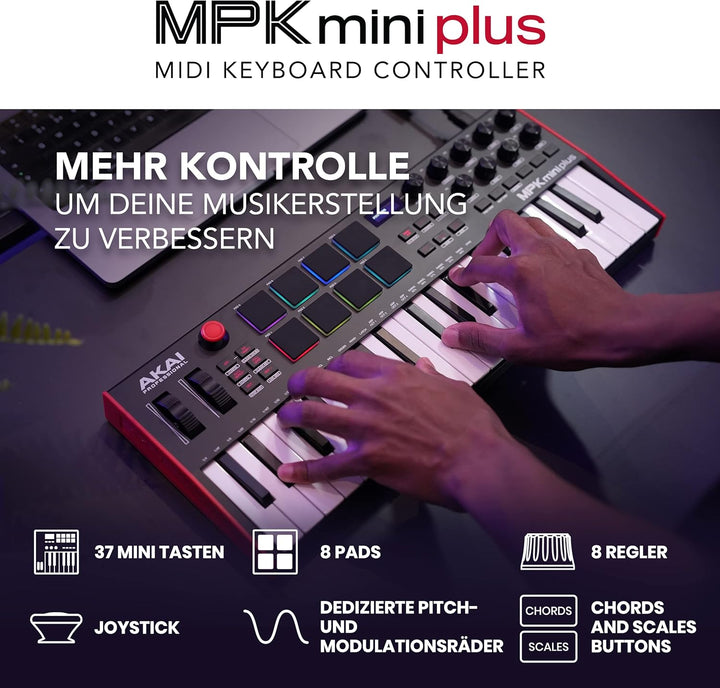 AKAI Professional MPK Mini Plus - 37-Tasten USB MIDI Keyboard Controller mit 8 RGB MPC Pads, Drehreg