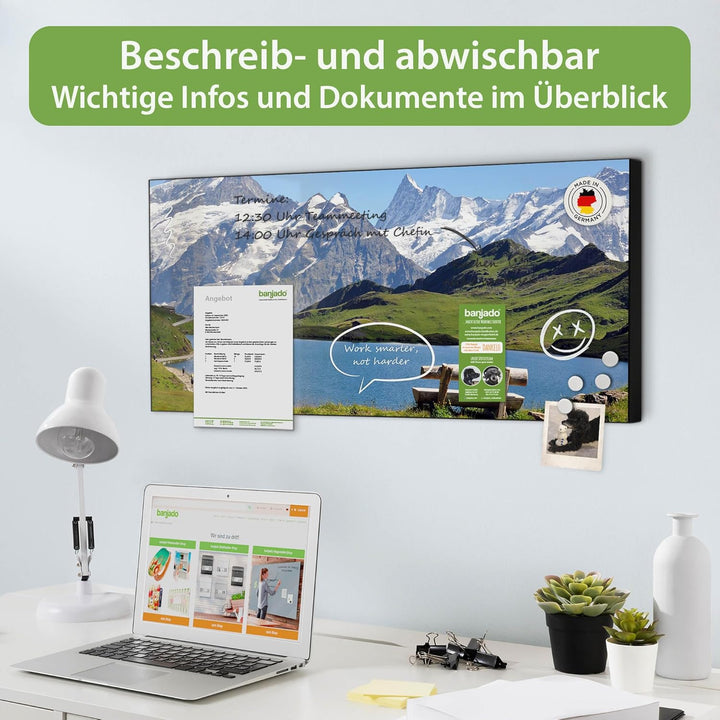 banjado Magnettafel schwarz 78 x 37cm / Magnetwand Metall/Magnetpinnwand als Memoboard/Pinnwand Magn