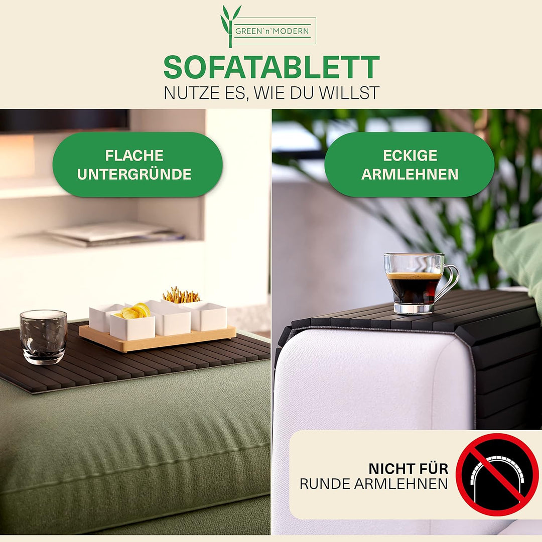 Green'n'Modern Sofatablett rutschfest - Holz Bambus Getränkehalter Armlehne | Couch Tablett flexibel