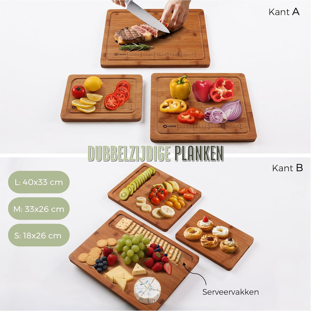 Bambus Schneidebrett-Set mit Halter – 3 Stück (Gross 40x30, Mittel 33x26, Klein 26x18 cm) – Carbonis
