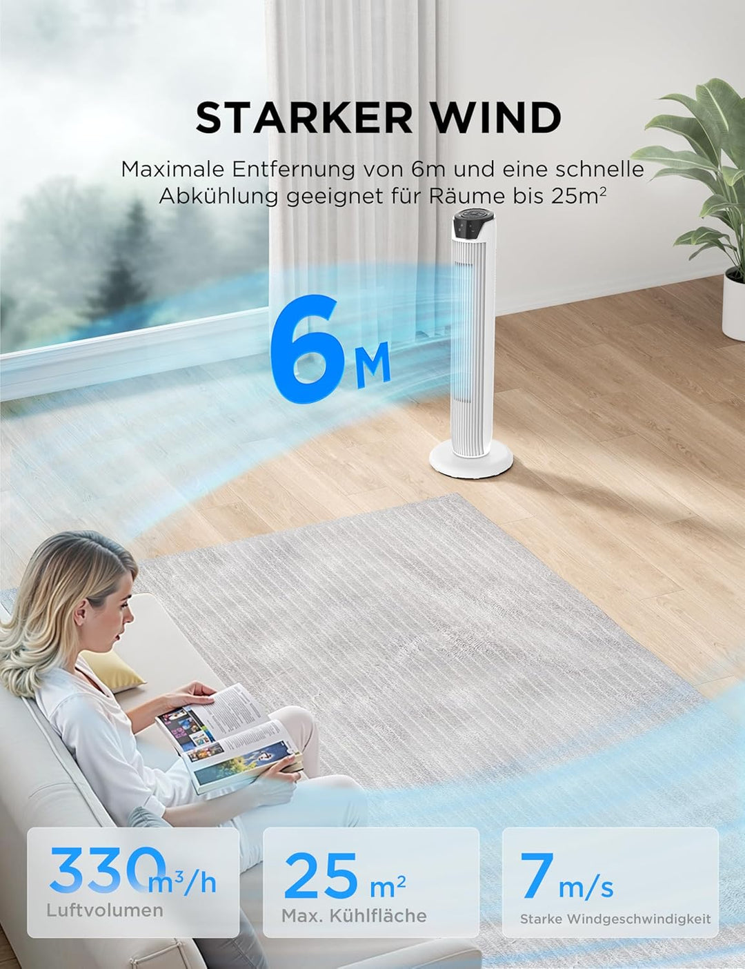 Midea FZ10-17JR(WH) Turmventilator Leise mit Fernbedienung 92CM, mobiler Lüfter,Ventilator Säulenven