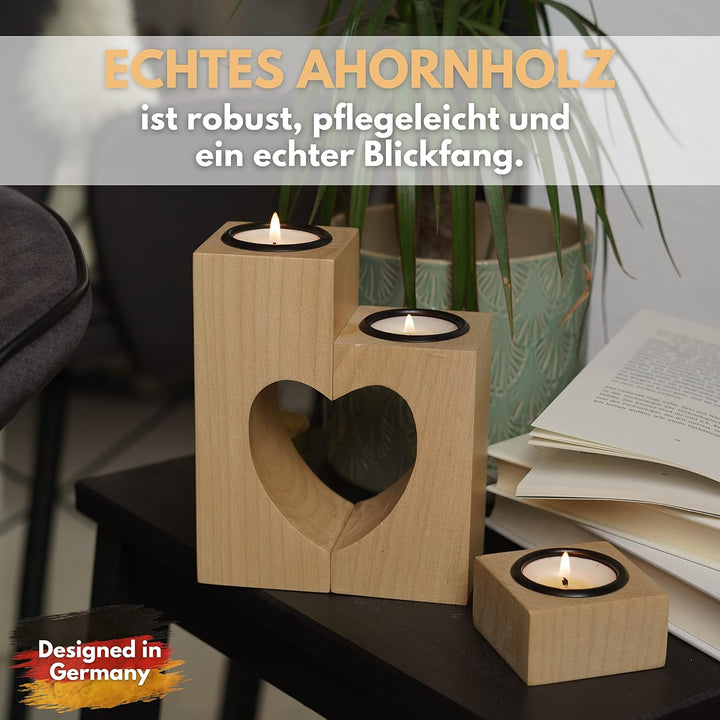 Plogis Herz Teelichthalter aus Holz -Set aus 3 Dekorativen Kerzenständern | Herz Deko & Romantische