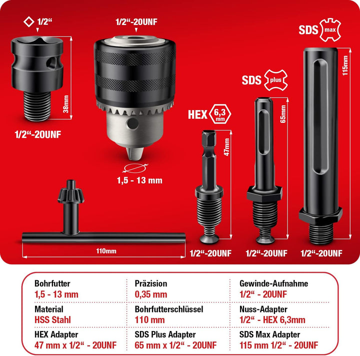 SCHWABENBACH ® Bohrfutter Komplett Set 6tlg mit 4 Adapter - Premium Set mit Bohrfutterschlüssel 110m