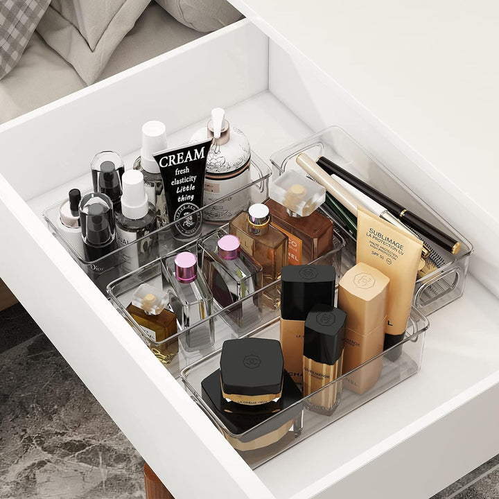 FINEW Kühlschrank Organizer 6er Set, Stapelbar Küchen Aufbewahrungsbox, Kühlschrankbox mit Griff, du