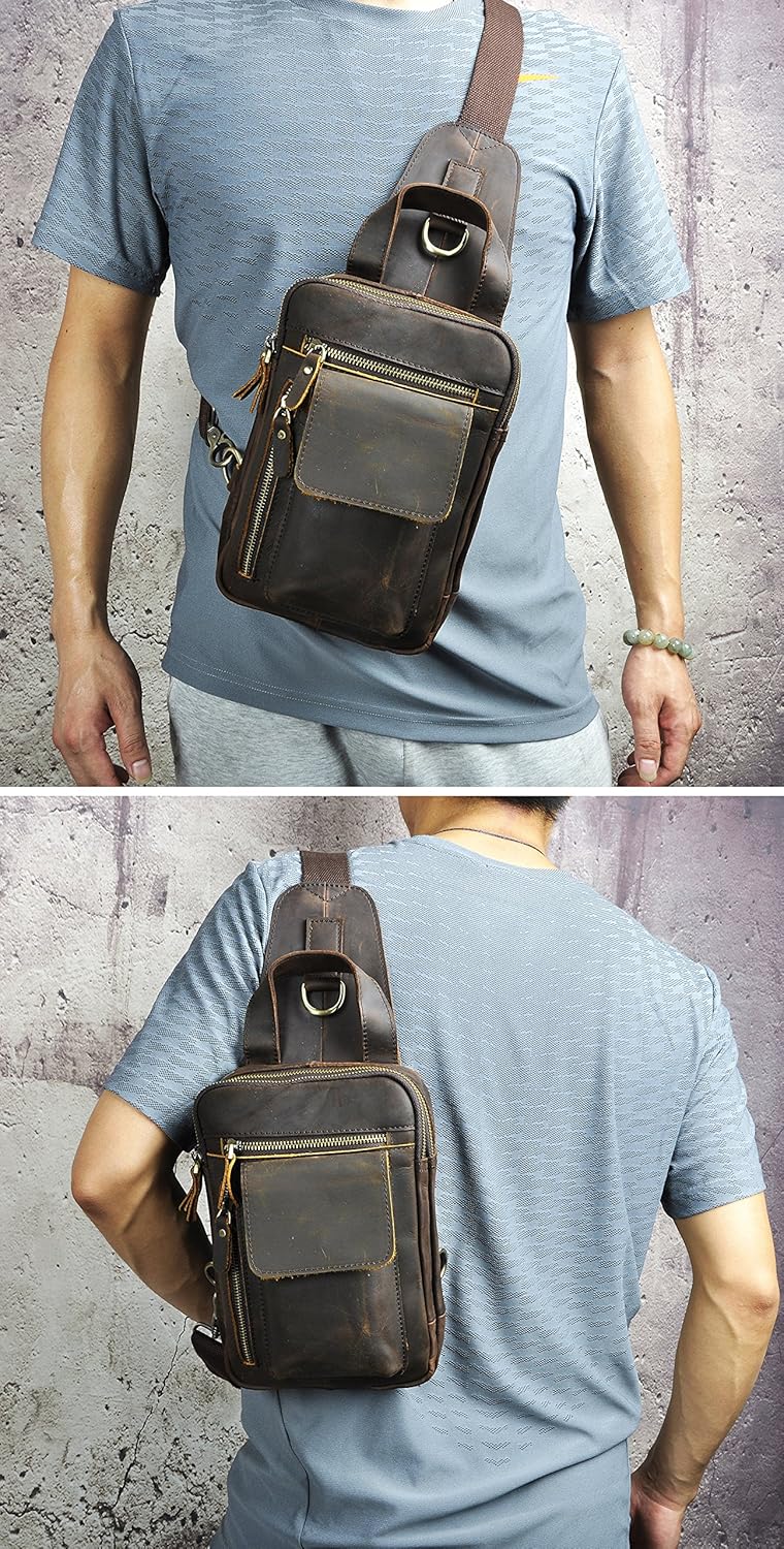 Le'aokuu Herren Echtes Leder Brusttasche Crossbody Bag Sling Bag Schultertasche Gurteltasche Umhänge