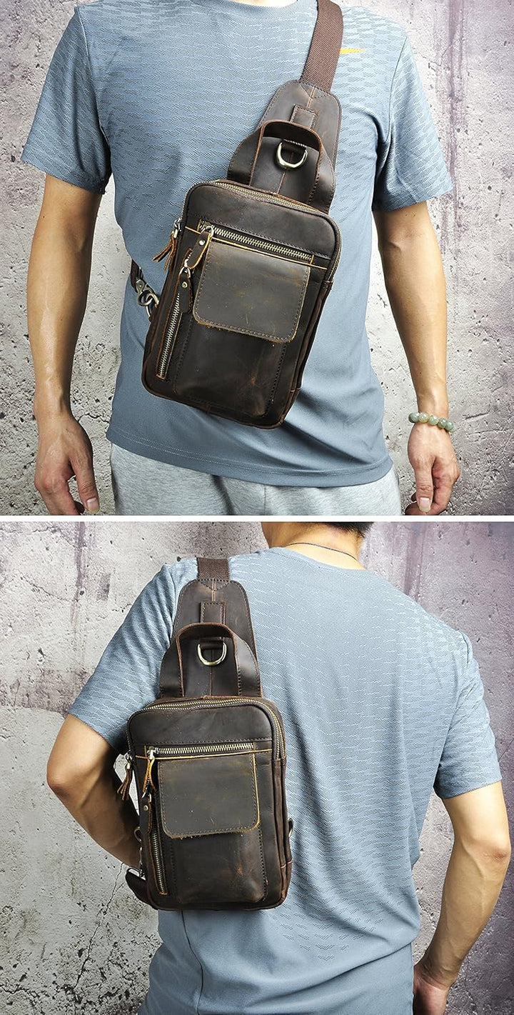 Le'aokuu Herren Echtes Leder Brusttasche Crossbody Bag Sling Bag Schultertasche Gurteltasche Umhänge