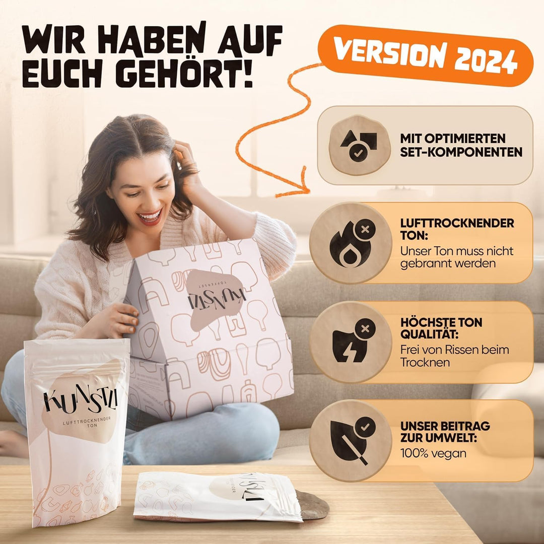 kunstli DIY Töpferset für zuhause - Starterset für Kinder und Erwachsene - Ton Set kreativ töpfern -