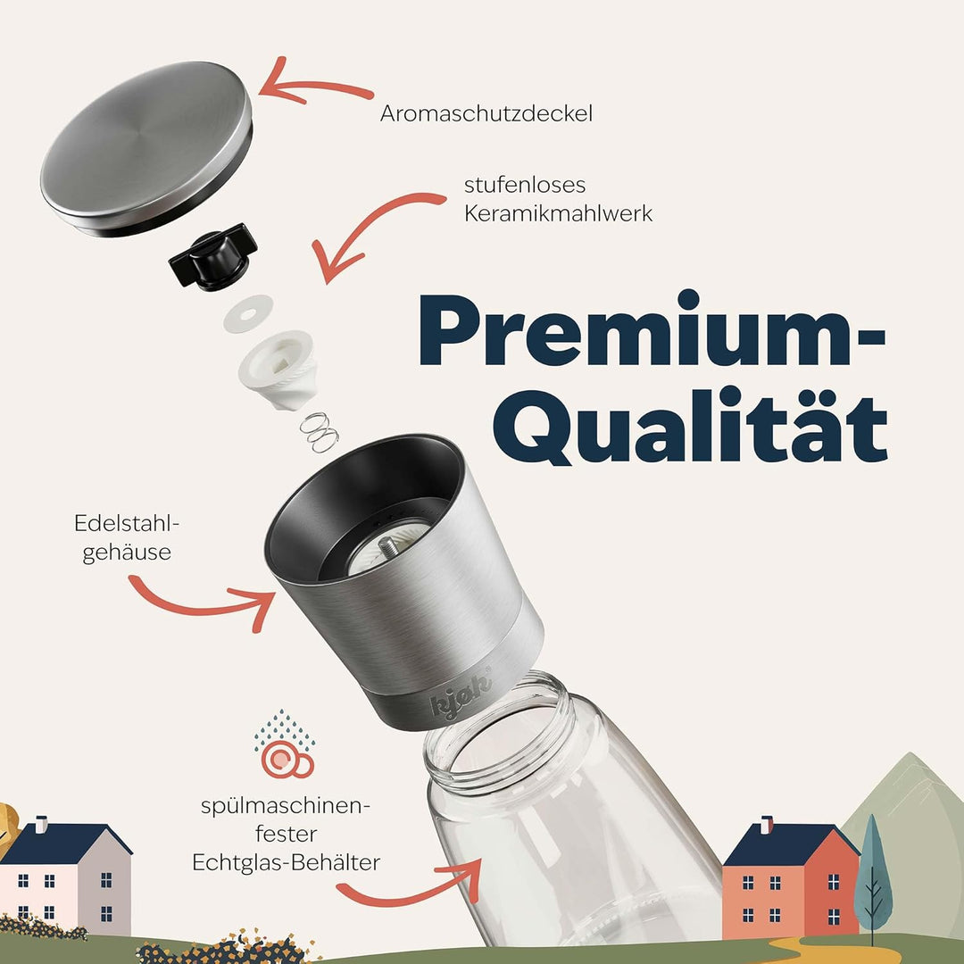 kjøk Premium Salz- und Pfeffermühle 2er-Set aus Edelstahl &amp; Glas – verstellbares Keramikmahlwerk fei
